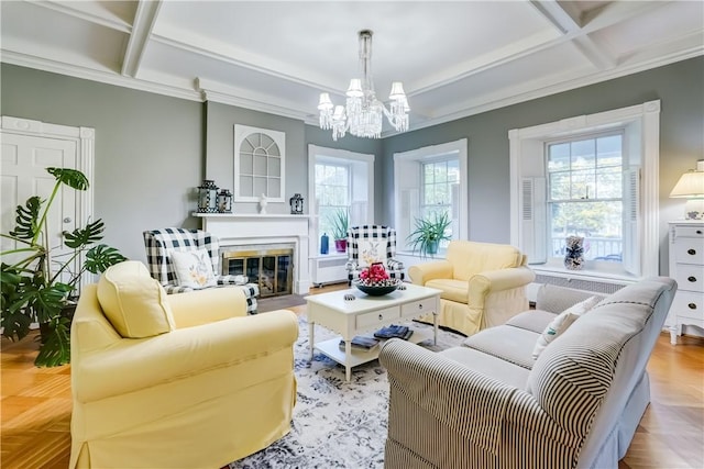 3402 W Lake Rd, Canandaigua Town, NY 14424 - living area featuring a chandelier, coffered ceiling, crown molding, a fireplace with flush hearth, and beamed ceiling