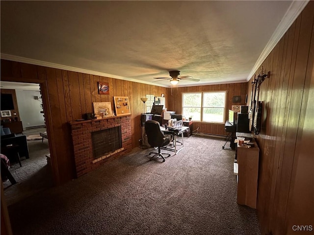 5030 Lincklaen Rd, Cuyler, NY 13158 - office featuring crown molding, wood walls, a ceiling fan, carpet floors, and a fireplace