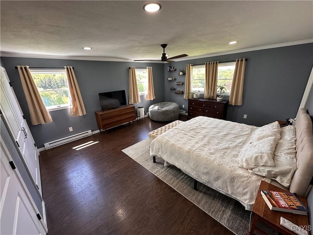 5030 Lincklaen Rd, Cuyler, NY 13158 - bedroom featuring a baseboard radiator, crown molding, multiple windows, wood finished floors, and recessed lighting