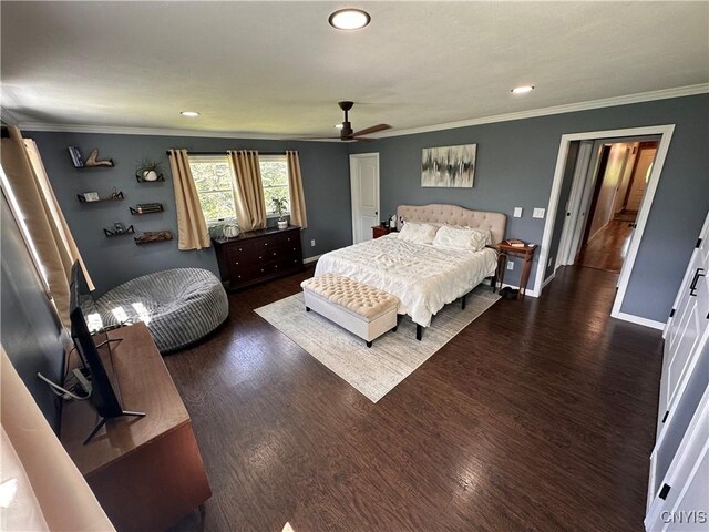 5030 Lincklaen Rd, Cuyler, NY 13158 - bedroom featuring dark wood-type flooring, baseboards, ornamental molding, recessed lighting, and ceiling fan