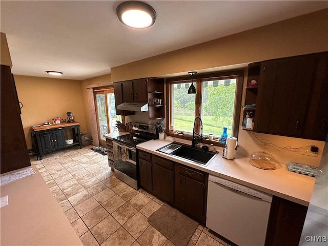 5030 Lincklaen Rd, Cuyler, NY 13158 - kitchen with stainless steel electric range oven, white dishwasher, open shelves, under cabinet range hood, and a sink