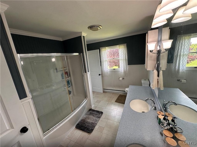 5030 Lincklaen Rd, Cuyler, NY 13158 - full bath featuring a baseboard radiator, toilet, ornamental molding, vanity, and wainscoting