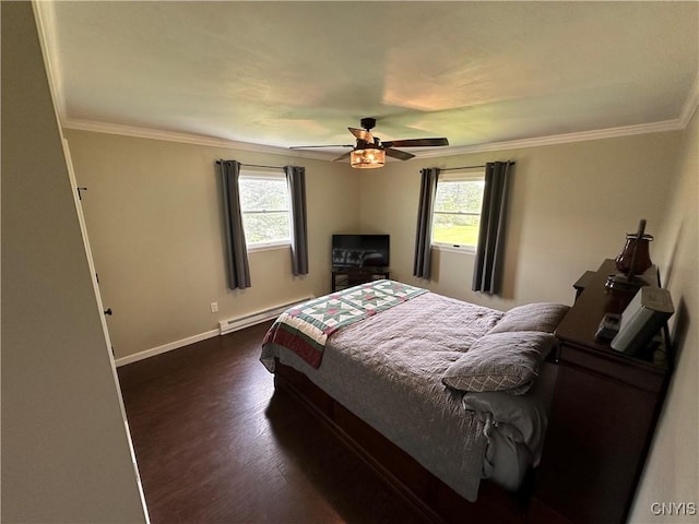 5030 Lincklaen Rd, Cuyler, NY 13158 - bedroom with a baseboard heating unit, multiple windows, crown molding, dark wood-style floors, and baseboards