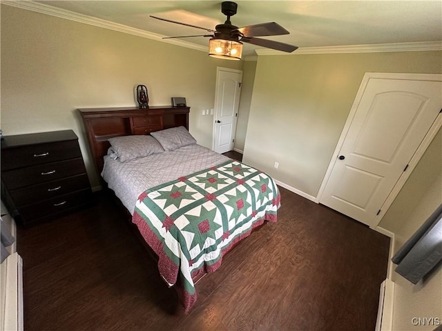 5030 Lincklaen Rd, Cuyler, NY 13158 - bedroom featuring dark wood-style floors, ornamental molding, a ceiling fan, and baseboards