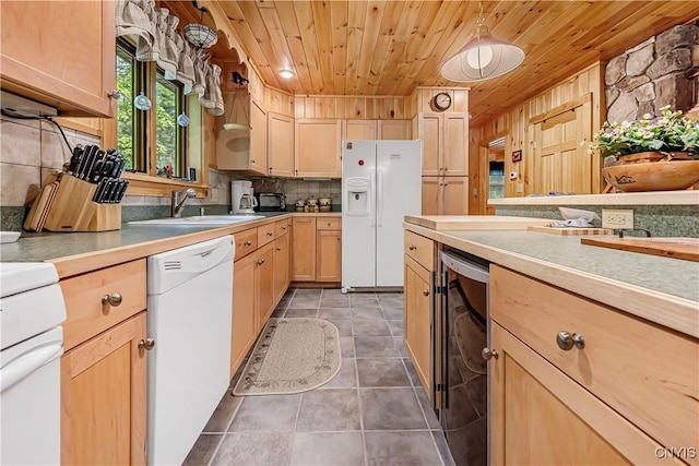 12103 Kincaid Rd, Forestport, NY 13338 - kitchen with white appliances, a sink, wooden ceiling, light brown cabinets, and wine cooler