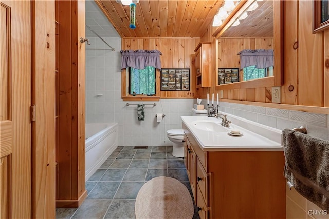 12103 Kincaid Rd, Forestport, NY 13338 - bathroom featuring wooden ceiling, vanity, toilet, tub / shower combination, and tile patterned flooring