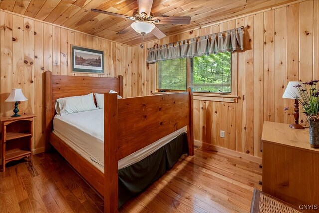 12103 Kincaid Rd, Forestport, NY 13338 - bedroom featuring wood ceiling, hardwood / wood-style flooring, wooden walls, and baseboards