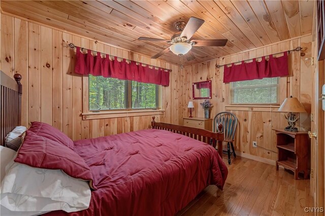 12103 Kincaid Rd, Forestport, NY 13338 - bedroom with wooden ceiling, wood walls, wood-type flooring, ceiling fan, and baseboards