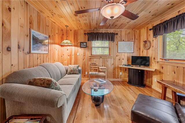 12103 Kincaid Rd, Forestport, NY 13338 - living room featuring wooden ceiling, light wood-style flooring, wooden walls, ceiling fan, and baseboards