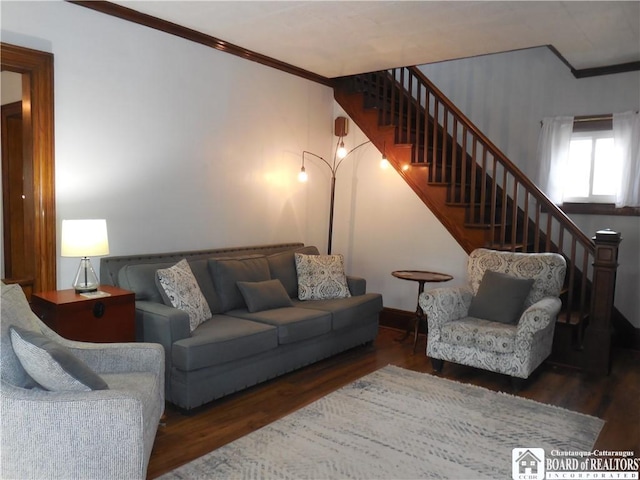 123 N Dow St, Ellicott, NY 14733 - living room featuring crown molding, stairs, wood finished floors, and baseboards