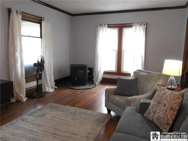 123 N Dow St, Ellicott, NY 14733 - living room with a wood stove, ornamental molding, plenty of natural light, wood finished floors, and baseboards