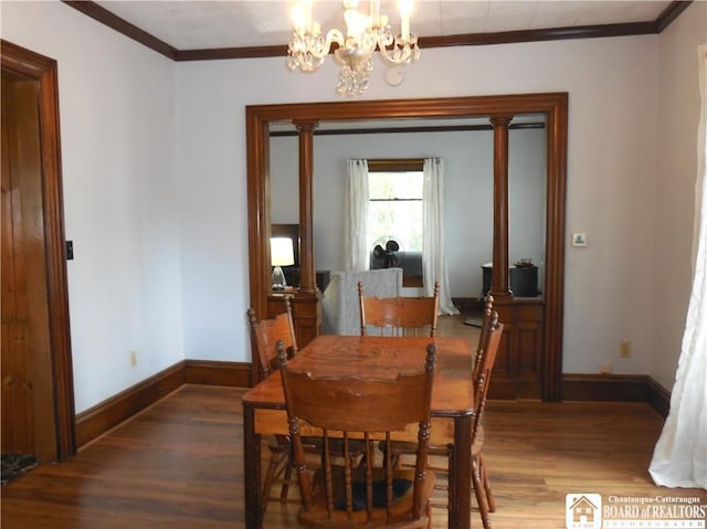 123 N Dow St, Ellicott, NY 14733 - dining room with wood finished floors, crown molding, a chandelier, and baseboards