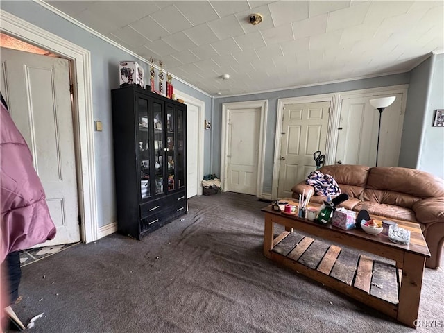 403 Coffeen St, Watertown-City, NY 13601 - living room featuring ornamental molding, carpet, and baseboards