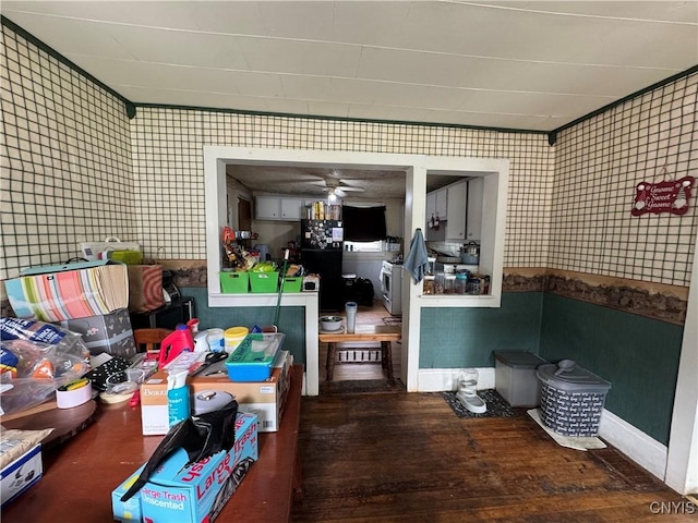 403 Coffeen St, Watertown-City, NY 13601 - interior space with wood-type flooring, a ceiling fan, baseboards, and wallpapered walls