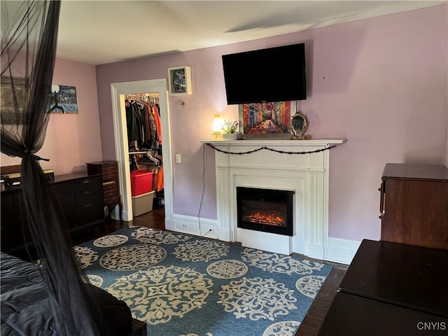 58 S Hamilton St, Elbridge, NY 13080 - bedroom with a walk in closet, baseboards, a glass covered fireplace, and a closet