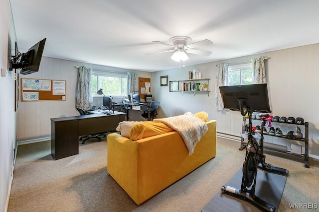 515 Park Club Ln, Amherst, NY 14221 - carpeted living room featuring an office area, a ceiling fan, a baseboard heating unit, and baseboards