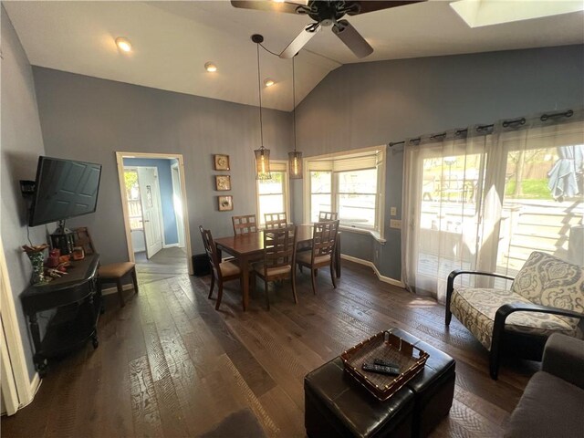 5545 E Lake Rd, Conesus, NY 14435 - living room with ceiling fan, baseboards, vaulted ceiling, and dark wood-style floors