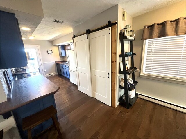 5545 E Lake Rd, Conesus, NY 14435 - kitchen with a barn door, a textured ceiling, dark wood-style floors, and baseboard heating