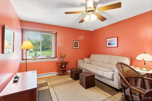 4922 Tenterden Dr, Onondaga, NY 13215 - living area featuring a baseboard radiator, a ceiling fan, and baseboards