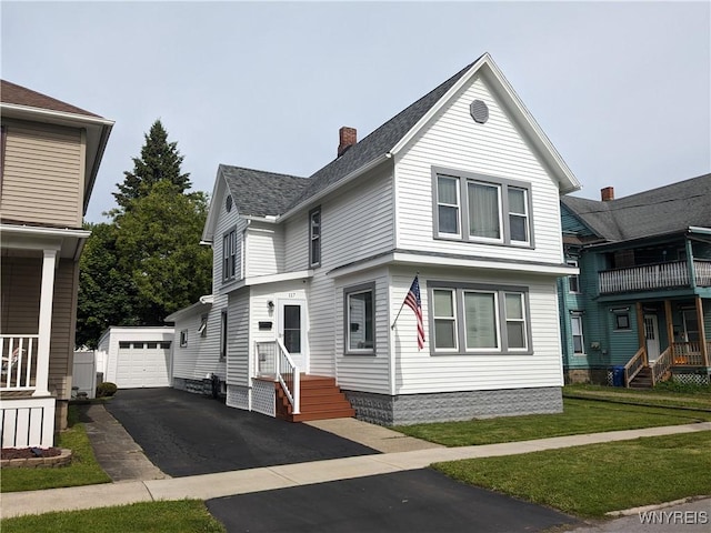 117 N 8th St, Olean-City, NY 14760 - view of front facade featuring an outdoor structure, a chimney, a shingled roof, a garage, and entry steps