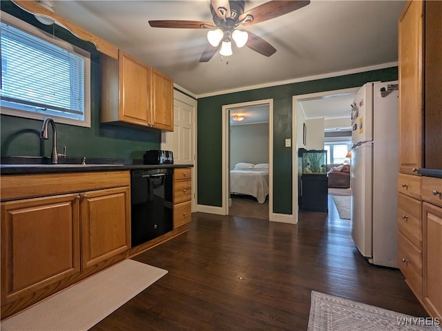 117 N 8th St, Olean-City, NY 14760 - kitchen featuring dishwasher, freestanding refrigerator, a sink, dark countertops, and a ceiling fan