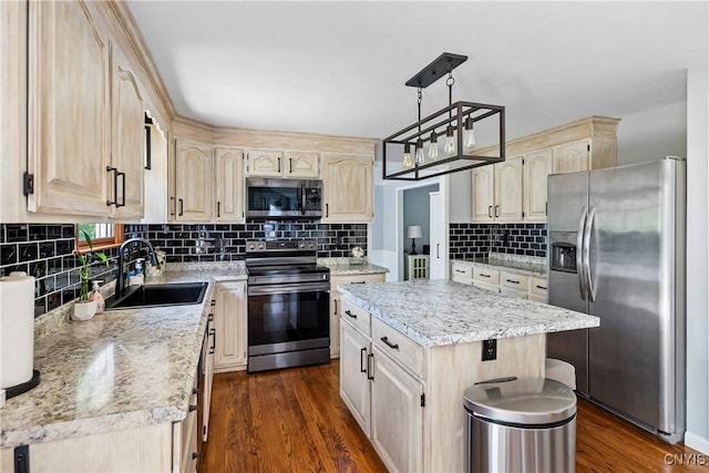8005 Fir Dr, Clay, NY 13041 - kitchen with stainless steel appliances, a sink, light brown cabinets, dark wood-style floors, and backsplash