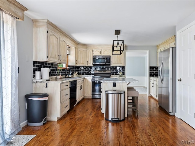 8005 Fir Dr, Clay, NY 13041 - kitchen with stainless steel appliances, a center island, dark wood-style flooring, and tasteful backsplash