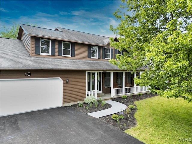 8005 Fir Dr, Clay, NY 13041 - view of front of house with covered porch, a front lawn, driveway, an attached garage, and roof with shingles