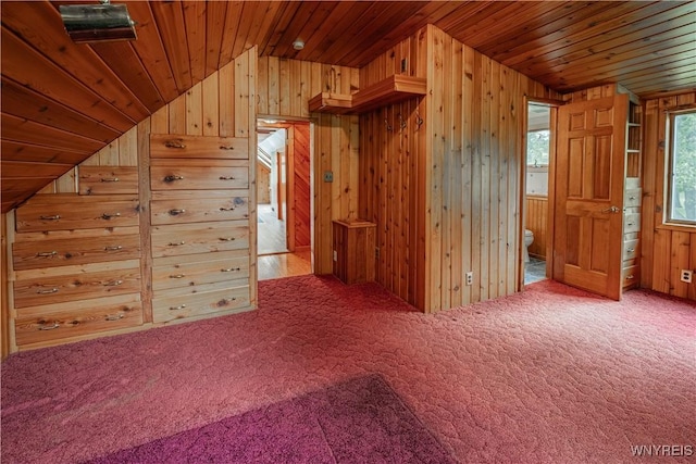 3557 Hartland Rd, Hartland, NY 14067 - bonus room featuring vaulted ceiling, wood walls, wooden ceiling, and carpet flooring