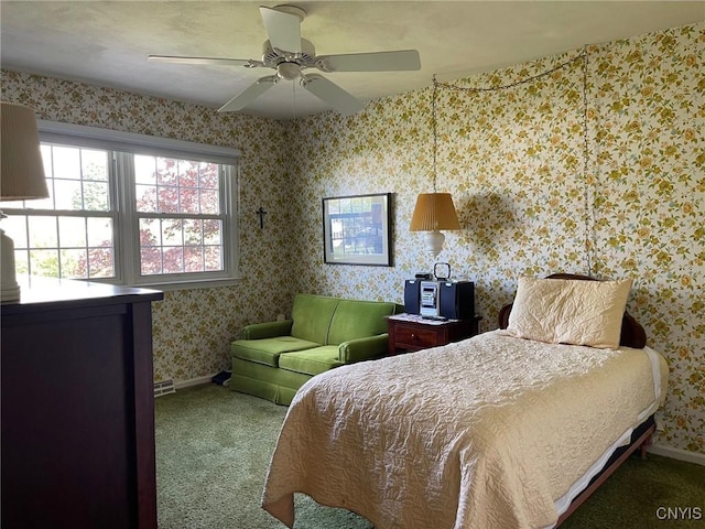 624 Deerfield Dr, Oneida-Inside, NY 13421 - bedroom with carpet, baseboards, wallpapered walls, and a ceiling fan