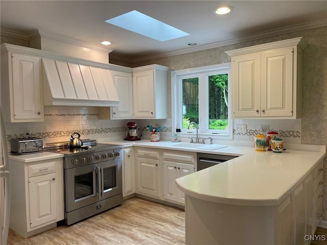 624 Deerfield Dr, Oneida-Inside, NY 13421 - kitchen featuring appliances with stainless steel finishes, a sink, a skylight, custom range hood, and backsplash