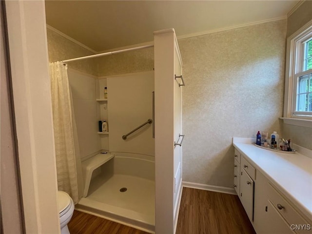 624 Deerfield Dr, Oneida-Inside, NY 13421 - full bath with wood finished floors, curtained shower, toilet, ornamental molding, and vanity