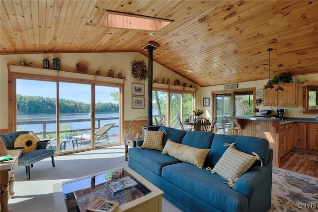 Hanson Bridge Road, Theresa, NY 13691 - living area featuring vaulted ceiling, a skylight, wooden ceiling, a water view, and wood finished floors