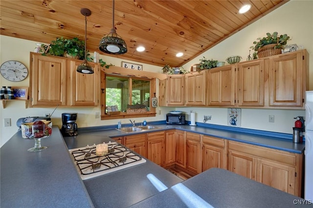 Hanson Bridge Road, Theresa, NY 13691 - kitchen with vaulted ceiling, wood ceiling, black microwave, dark countertops, and recessed lighting
