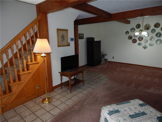 6731 Lake Salubria Dr, Bath, NY 14810 - living room featuring beam ceiling, stairs, light carpet, baseboards, and a chandelier
