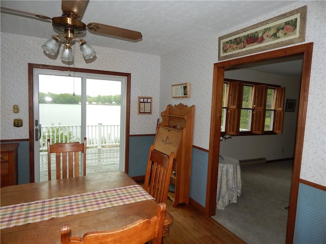 6731 Lake Salubria Dr, Bath, NY 14810 - dining space featuring wallpapered walls, a baseboard radiator, a ceiling fan, a wainscoted wall, and wood finished floors