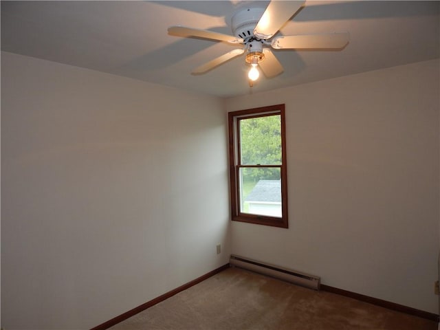 6731 Lake Salubria Dr, Bath, NY 14810 - spare room featuring baseboard heating, carpet, ceiling fan, and baseboards