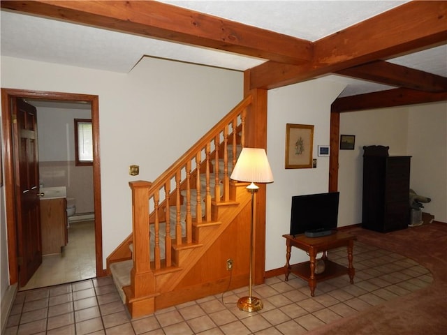 6731 Lake Salubria Dr, Bath, NY 14810 - stairway featuring beam ceiling and tile patterned flooring
