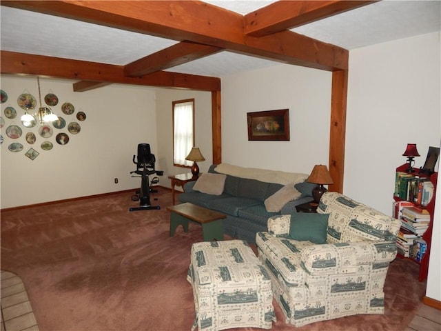 6731 Lake Salubria Dr, Bath, NY 14810 - living room featuring beamed ceiling, baseboards, and carpet flooring