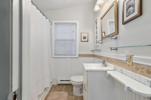 3435 E Lake Rd, Skaneateles, NY 13152 - bathroom with baseboard heating, toilet, wainscoting, vanity, and a shower with shower curtain