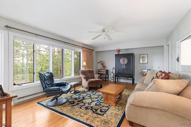 3435 E Lake Rd, Skaneateles, NY 13152 - living area featuring wood finished floors, a ceiling fan, and a baseboard heating unit