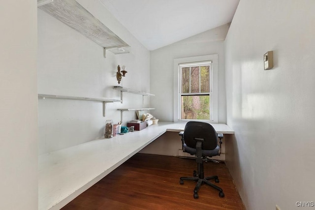3435 E Lake Rd, Skaneateles, NY 13152 - office featuring vaulted ceiling, wood finished floors, and built in desk