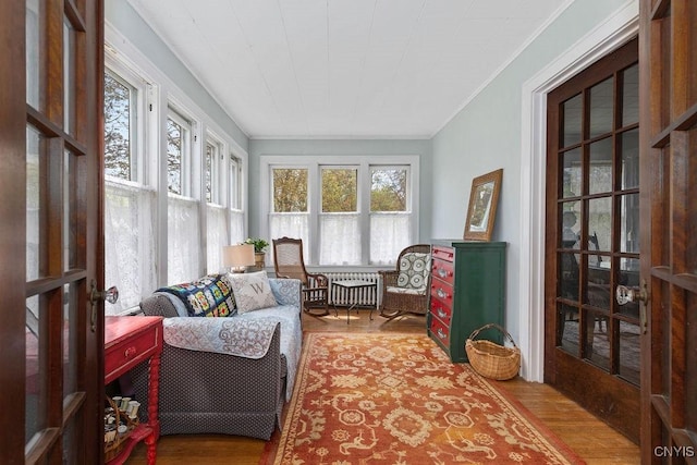 3435 E Lake Rd, Skaneateles, NY 13152 - sunroom / solarium with radiator, crown molding, and wood finished floors