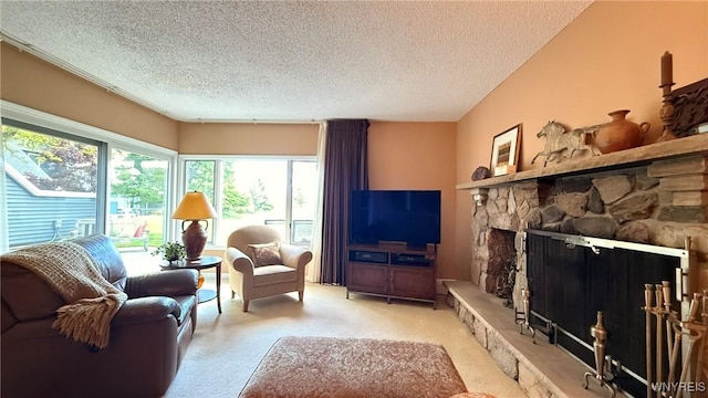 3134 E River Rd, Grand Island, NY 14072 - living area with carpet flooring, a textured ceiling, and a stone fireplace
