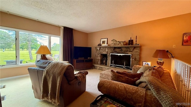 3134 E River Rd, Grand Island, NY 14072 - living room featuring light carpet, a textured ceiling, a stone fireplace, and baseboards