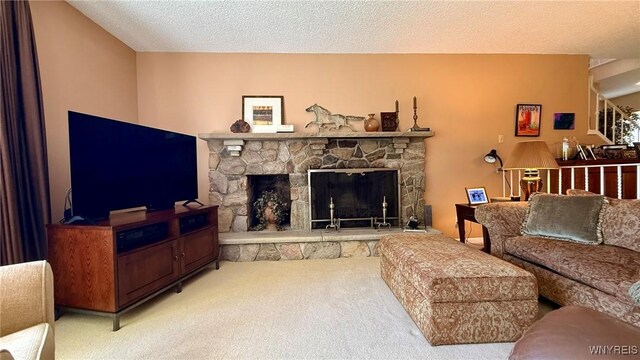 3134 E River Rd, Grand Island, NY 14072 - carpeted living room with a fireplace and a textured ceiling