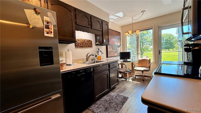 3134 E River Rd, Grand Island, NY 14072 - kitchen featuring stainless steel fridge with ice dispenser, black dishwasher, a sink, light countertops, and dark brown cabinetry
