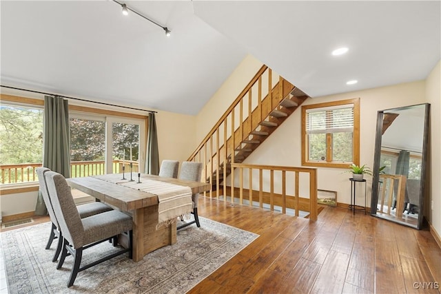 147 Crooked Lake Rd, Tully, NY 13159 - dining space featuring wood-type flooring, stairway, and recessed lighting
