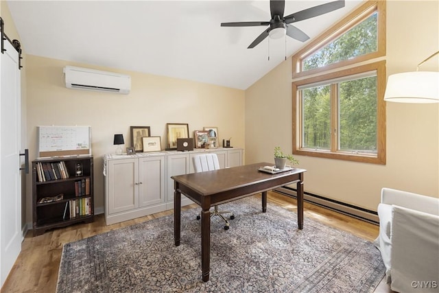 147 Crooked Lake Rd, Tully, NY 13159 - office area featuring a wall unit AC, a baseboard heating unit, light wood-type flooring, lofted ceiling, and a ceiling fan