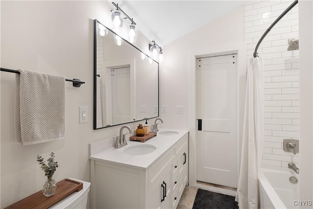 147 Crooked Lake Rd, Tully, NY 13159 - full bathroom with double vanity, shower / bath combo, and lofted ceiling